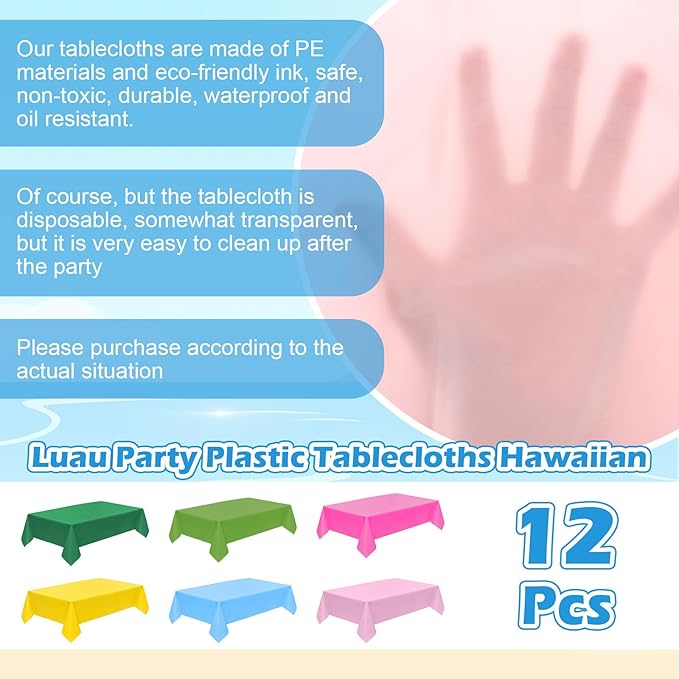 Afcabakila Plastic Table Cloth Disposable 12 Pack, 54 x 108 Inch Reuseable Colorful Rectangle Waterproof Table Cloths for Birthday, Wedding, Picnic & Party Decor, Leakproof & Sturdy, Rainbow Themes
