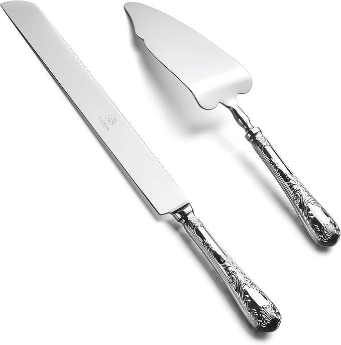 2 Piece Wedding Cake Server Set,18/10 Stainless Steel Dessert Set Pie Server Cake Cutter Knife for Birthday,Anniversary,Holiday,Baby Shower,Party (Versailles, Stainless steel-V)