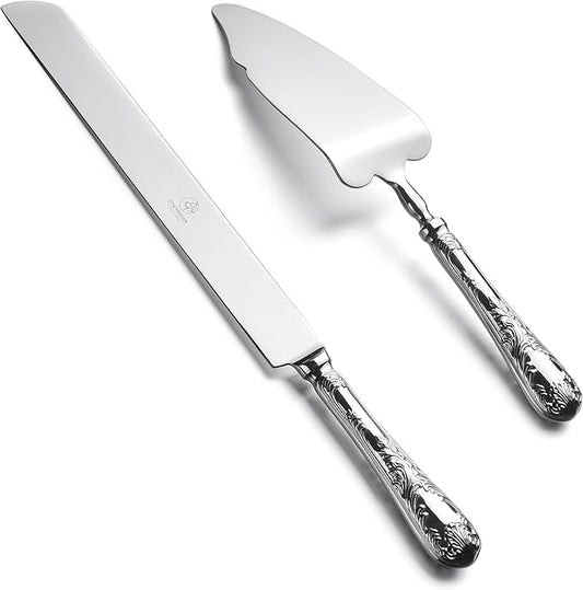 2 Piece Wedding Cake Server Set,18/10 Stainless Steel Dessert Set Pie Server Cake Cutter Knife for Birthday,Anniversary,Holiday,Baby Shower,Party (Versailles, Stainless steel-V)