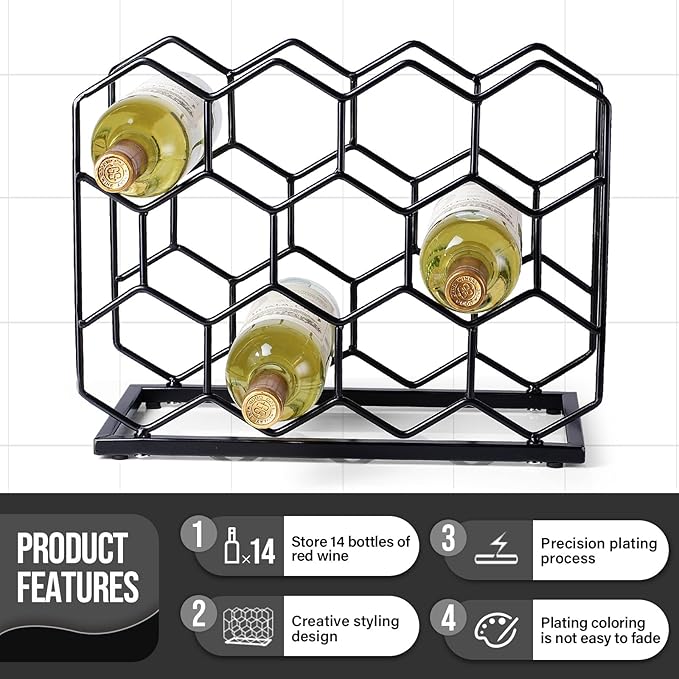 Countertop Wine Rack - 14 Bottle Freestanding Modern Gold Metal Small Wine Rack - Tabletop Wine Holder Stand for Cabinet, Pantry, Wine Bottle Storage