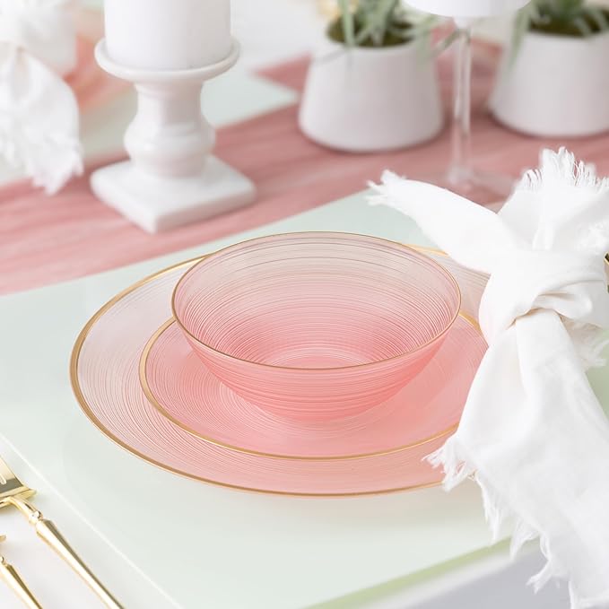 PLASTICPRO 128 Pieces Crystal Design Plastic Plates Combo Pack 7 inch and 10 inch Gold Rim Elegant Disposable Plates, Transparent Pink