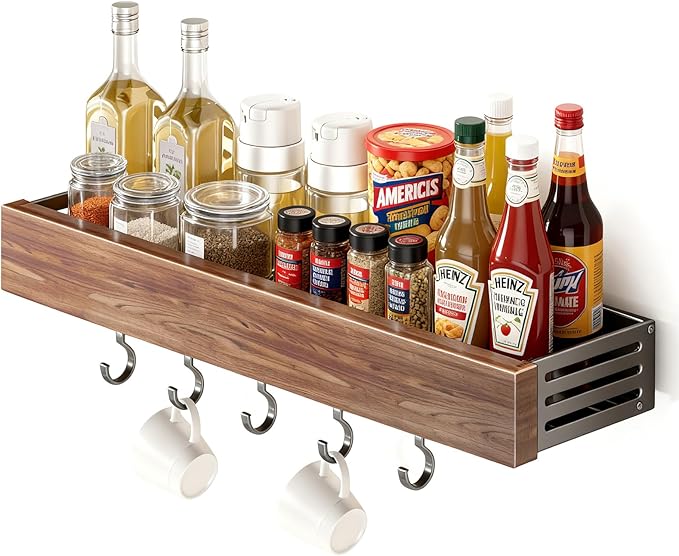 spice rack wood kitchen spice rack wall mounted adjustable adhesive or screw, hung on the door and wall, black large rack for storing items in refrigerators and ovens