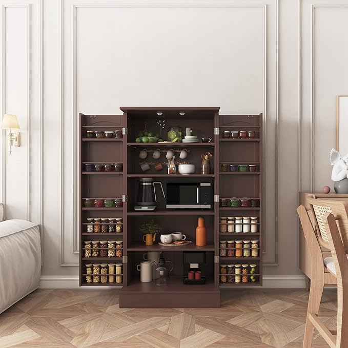 47??Pantry Cabinet, Kitchen Pantry Storage Cabinet with Doors & Adjustable Shelves, Brown Freestanding Buffet Cupboards Sideboard for Living Room and Dinning Room, Sturdy and Durable