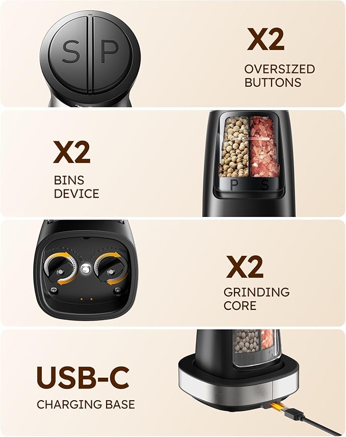 Sangcon Electric Salt and Pepper Grinder Set Shaker 2 IN 1 - USB RECHARGEABLE Salt and Pepper Mill with Charging Base, Adjustable Coarseness Automatic Grinder with Light, House Warming Cooking Gifts
