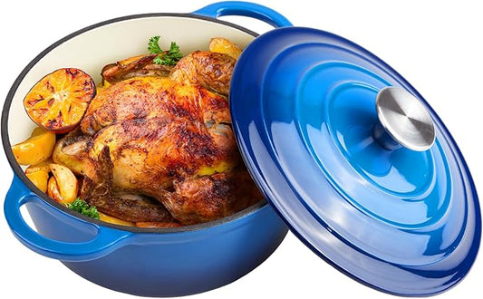 6 Quart Dutch Oven Enameled Cast Iron with Lid - Big Dual Handles - Oven Safe up to 500째F - Classic Round Pot for Versatile Cooking (Blue, 6 QT)