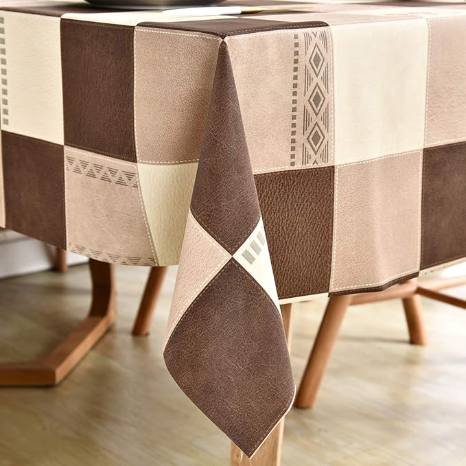LOHASCASA Square Tablecloth Plastic PVC Wipeable Oilcloth - Vynle Spillproof Tablecloth Party Kitchen Dining Tablecloths - Tan and Brown Plaid 54x54 Inch