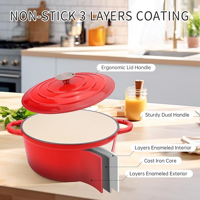 6 Quart Enameled Cast Iron Dutch Oven Pot with Lid and Silicone Accessories, Oven Safe up to 500째F or on Stovetop, Non-stick Dutch Oven for Bread Baking, Cooking, Dual Handles Cookware, Red
