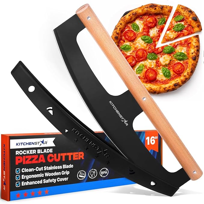 KitchenStar 16-Inch Pizza Cutter Rocker Blade - Razor Sharp Stainless Steel Slicer Knife, Stylish Beech Wood Handle, Protective Cover - Professional Pizza Oven Accessories, Black