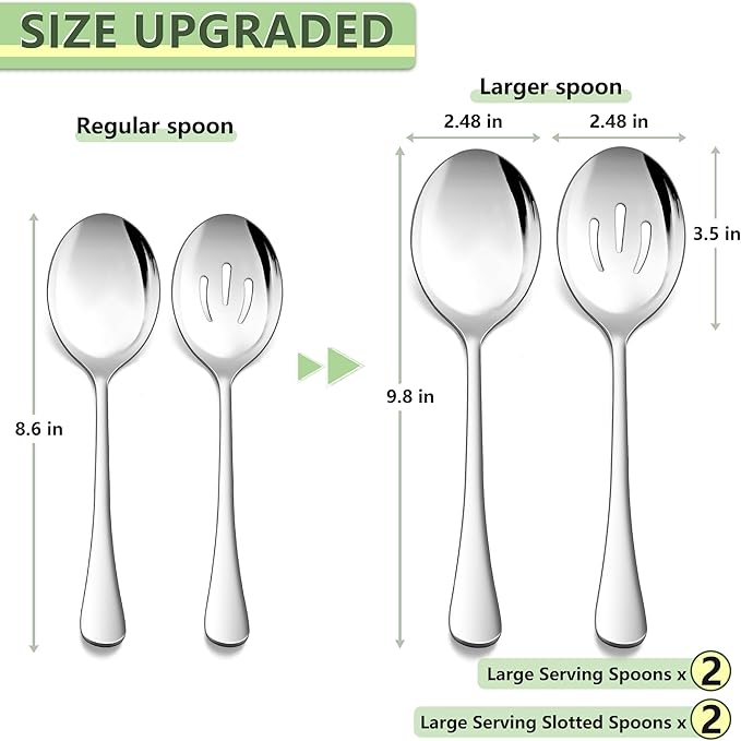 E-far Large Serving Spoons Set of 4, 9.8 Inch Stainless Steel Serving Utensils Set Includes Slotted & Solid Spoons for Buffet Party Catering Wedding Kitchen Restaurant, Dishwasher Safe