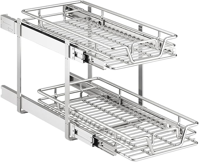 2p慣ck 2-Tier Kitchen Cabinet Pull Out Shelf and Drawer Organizer Slide Out Pantry Storaqe Basket in Multiple Sizes (2x(12" W x 18" D))