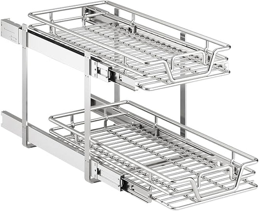 2p慣ck 2-Tier Kitchen Cabinet Pull Out Shelf and Drawer Organizer Slide Out Pantry Storaqe Basket in Multiple Sizes (2x(12" W x 18" D))