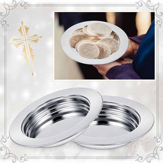 Zhehao 4 Pcs Communion Plates for Church Communion Bread Tray Plate Church Supplies Set Polished Stainless Steel Tray (Silver)