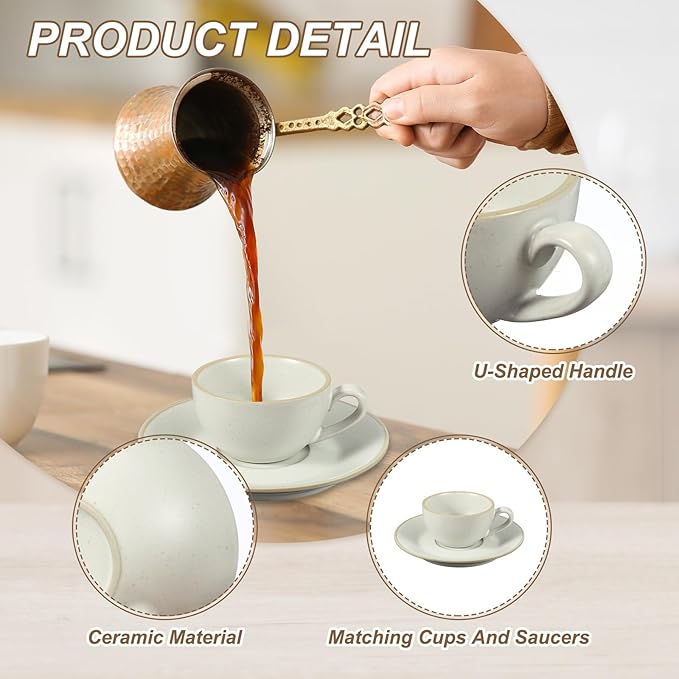 uxcell Handmade Vintage Espresso Cups, 9.5 oz Coffee Cups and Saucers Ceramic Tea Cup with Handle Dishwasher and Microwave Safe for Latte Cappuccino Milk Office Home Gifts, Morandi White