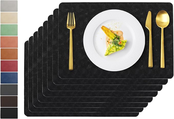 Uolr Vinyl Placemats Set of 8 Faux Leather 100% Waterproof Wipeable Washable Place Mats Heat Resistant Easy Clean Non-Slip Table Mats for Indoor Outdoor. (8,Black)