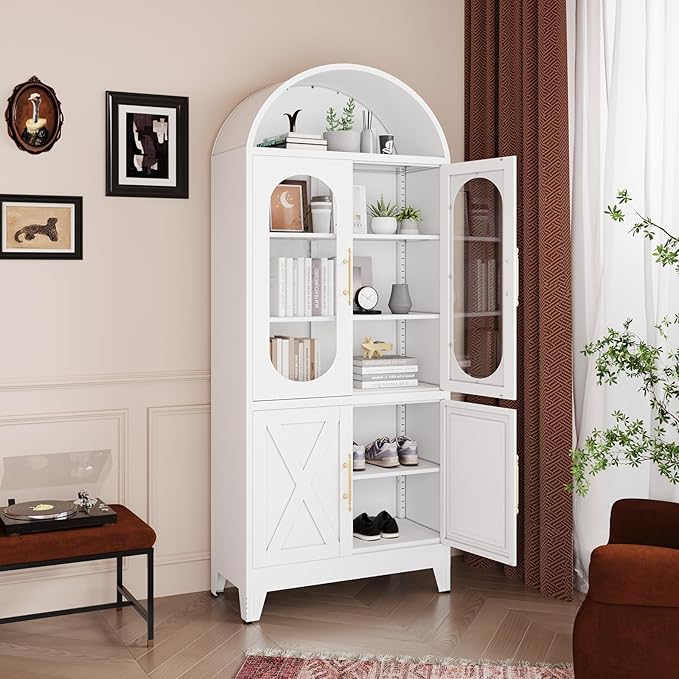 73" H Metal Tall Arched Kitchen Pantry Cabinet, Modern Farmhouse China Storage Cabinets with Glass Door and Adjustable Shelves, Versatile Cupboard for Kitchen, Dining Room, Bathroom (White)