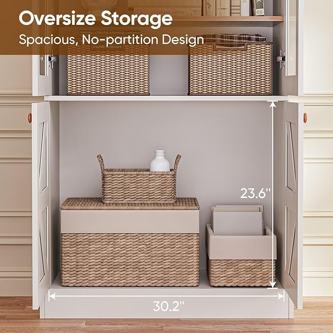 71" Tall Farmhouse Kitchen Pantry, Rustic Large Storage Cabinet with Glass Doors, Adjustable Shelves, Wood Versatile Hutch Cabinet for Dining Room, Living Room, White 4 pcs
