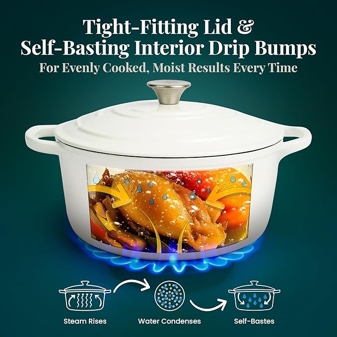 Larder & Vine Enameled Cast Iron 5.7qt Dutch Oven Pot with Lid | Bread Baking | Compatible on All Cooktops & Oven Safe to 500째 F | Great for Sourdough Bread | White