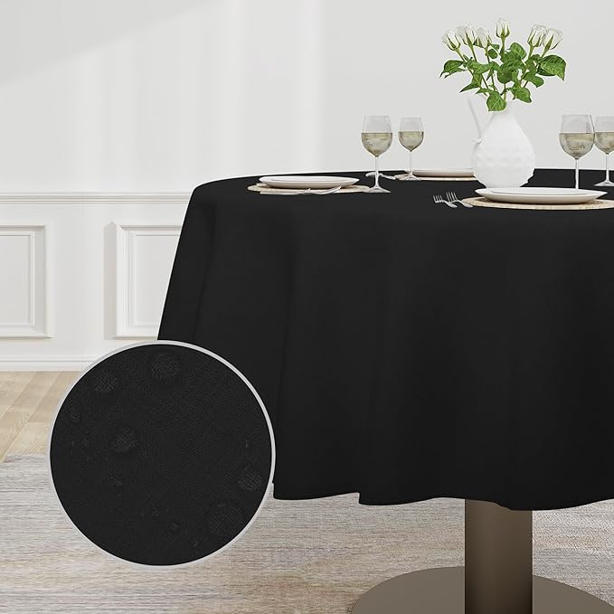 Easy-Going Faux Linen Waterproof Spill-Proof Tablecloth Stain Resistant Round Table Cloth Wrinkle Free Decorative Fabric for Kitchen, Dining, Party, Weddings, Restaurants (60 in-Round, Black)