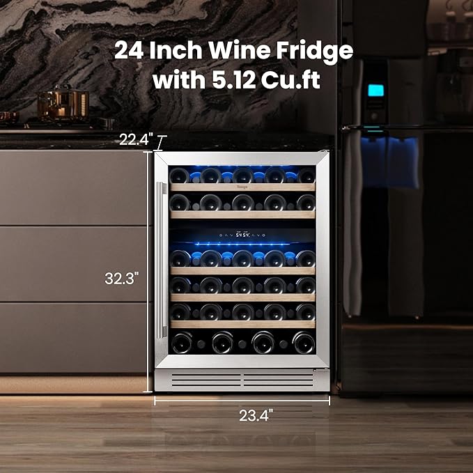 Yeego Wine Fridge Cooler - 24 Inch Dual Zone Wine Fridge Hold 52 Bottles, 40-65°F Wine Refrigerator Glass Door, Built in, Freestanding Under Counter Fridge for Beer Soda Drink Home Bar Office