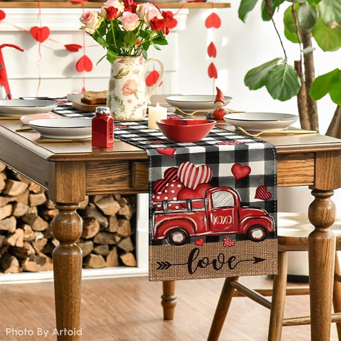 Artoid Mode Watercolor Buffalo Plaid Hearts Truck Love Valentine's Day Table Runner, Seasonal Anniversary Wedding Holiday Kitchen Dining Table Decoration for Indoor Outdoor Home Decor 13 x 48 Inch