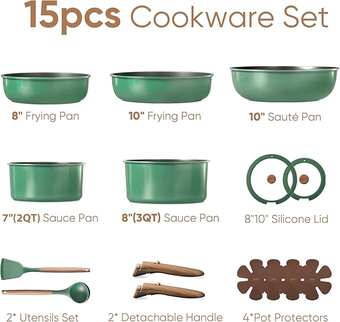 CAROTE 15pcs Pots and Pans Set, Nonstick Cookware Set Detachable Handle, Induction Kitchen Cookware Sets Non Stick with Removable Handle, RV Cookware Set, Oven Safe