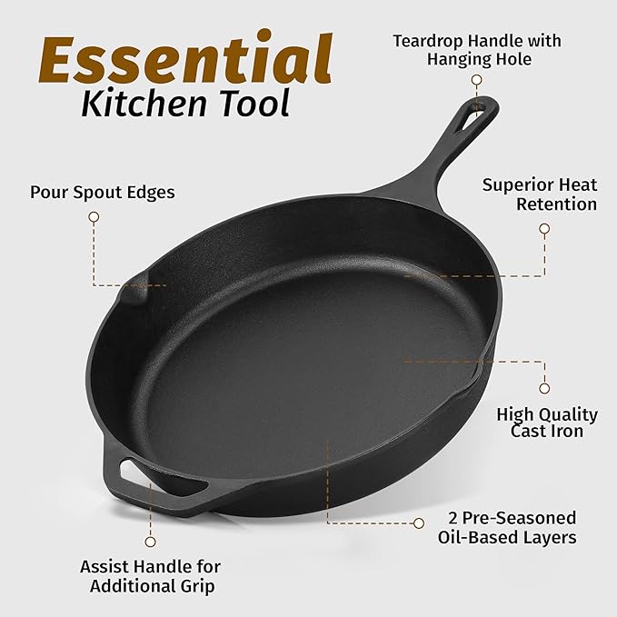 Zulay Kitchen Pre-Seasoned Cast Iron Skillet ??12.5 Inch Heavy Duty Frying Pan for Indoor & Outdoor Cooking ??Oven, Stovetop, Induction, Grill & Campfire Safe