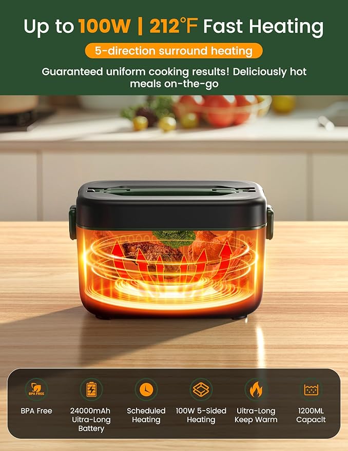 Cordless Electric Lunch Box, 1.2L Battery Powered Heated Lunch Box ??100W, 24000mAh Rechargeable Portable Self-Heating Food Warmer with 5-Sided Automatic Heating for Outdoors, Truck, Office, BPA-Free