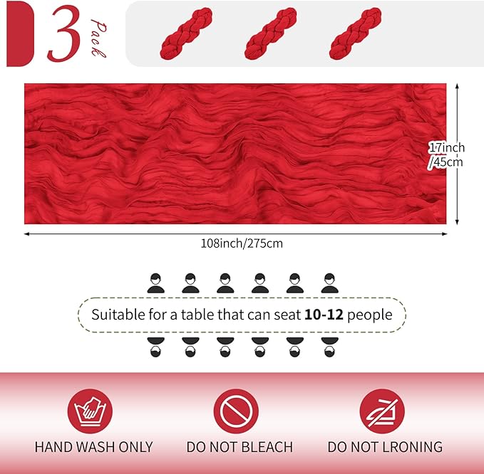 RealBox 3 Pack Red Cheesecloth Table Runner 17x108 Inch Semi Sheer Boho Gauze Cheese Cloth Fabric Table Runners Table Decor for Wedding Party Baby Shower Birthday Home Decor Garden Farmhouse