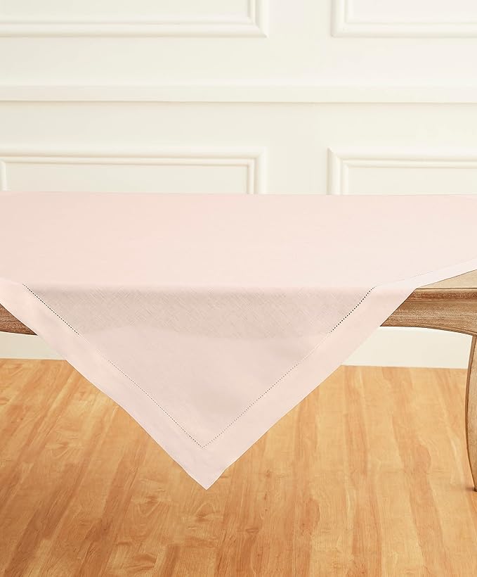 Solino Home Pink Linen Tablecloth 52 x 52 Inch - 100% Pure Linen Square Table Throw - Classic Hemstitch, Machine Washable Table Cloth for Valentines, Spring, Easter