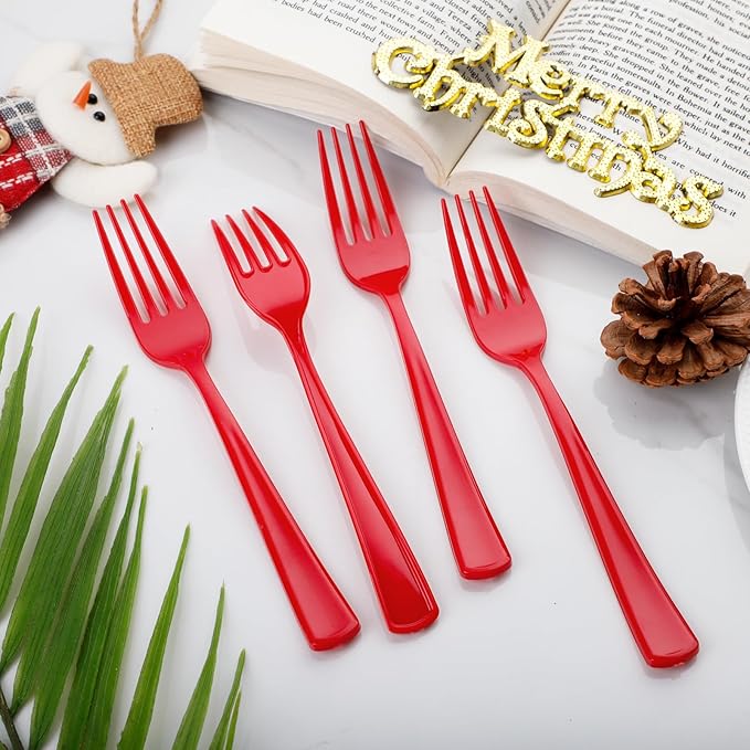 WDF 100 Pieces Red Christmas Forks - 7.4inch Heavy Duty Red Forks Disposable - Plastic Silverware for Dessert Cake - Plastic Cutlery for Party/Birthday/Daily/Valentine's Day