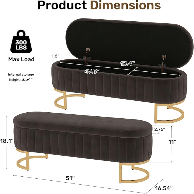 VIROL 51 Inch Storage Ottoman Bench Velvet End of Bed Storage Bench King Size Upholstered Tufted Bench Large Space for Bedroom Living Room Entryway Dark Grey