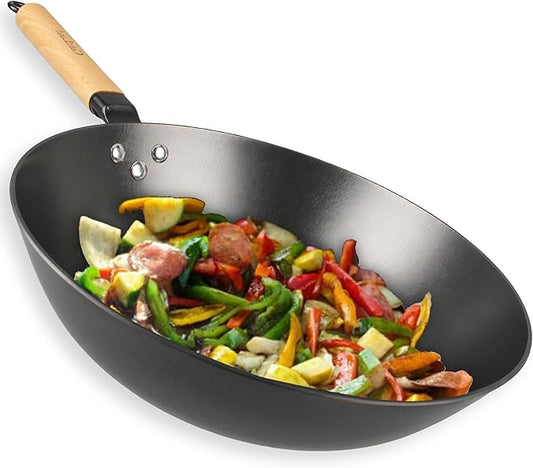Cuisiland 12" Nitrided Cast Iron Wok ??Rust-Resistant Stir-Fry Pan, Removable Beechwood Long Handle, Naturally Non-Stick, Durable & Comfortable Grip, Classic Heat Retention