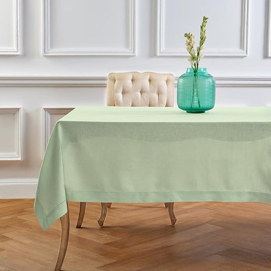 Solino Home Linen Tablecloth for Rectangle Tables 60 x 120 Inch - Classic Hemstitch 100% Pure Linen Light Green Table Cloth - Machine Washable Cloth Tablecloth for Spring, St Patricks Day, Easter