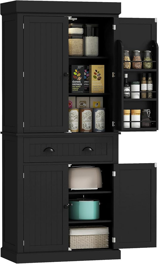 HOMCOM 71" Kitchen Pantry Cabinet with LED Motion Sensor Light, Tall Storage Cabinet with 6 Door Shelves, Drawer & Adjustable Shelves, for Living & Dining Room, Black