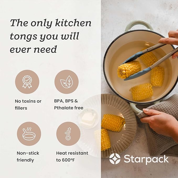 Starpack 'Get a Grip' Silicone Kitchen Tongs for Cooking 12 Inch - BBQ Silicone Tongs for Grill Heat Resistant to 600째F - Stainless Steel Utensils with Non Stick Rubber Tips for Serving Food