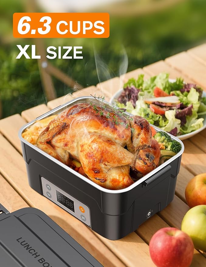 EAST OAK XL 6.3-Cup Cordless Electric Lunch Box for Adults, Heated Lunch Box for Men with Scheduled Heating, Portable Car Food Warmer with Utensils, Removable Divider