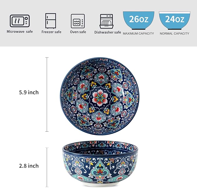 glowworm Cereal Bowls Set of 6, 26 Oz Ceramic Soup Bowls for Kitchen, Colorful Cereal Bowls for Rice, Oatmeal, Fruit, Ice Cream, Dessert, Dishwasher & Microwave safe, Bohemian