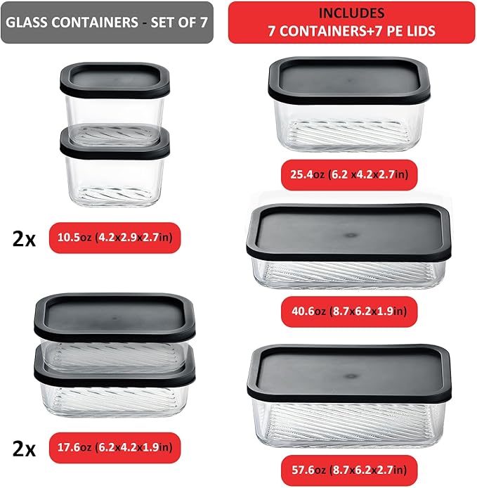 EATEX 7 Pack Glass Meal Prep Containers with Grooved Base, 7 Stackable BPA Free Glass Storage Containers with Lids for Lunch, Pantry, and Kitchen - Microwave, Dishwasher Freezer & Oven Safe - Black