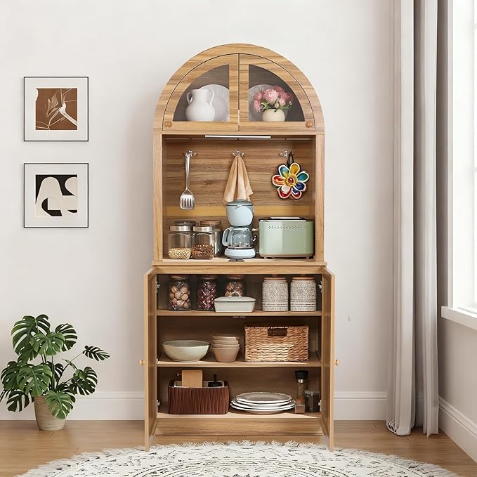 71" Tall Arched Kitchen Pantry Cabinet, Farmhouse Storage Cabinet with LED Light, Adjustable Shelves & Glass Door, Versatile Cupboard for Kitchen, Dining Room, Bathroom