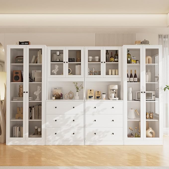 VOWNER 4PCS Bookshelf and Bookcase, 5-Tier Modern Bookshelves with 3 Large Drawer, Glass Display Cabinet with Lager Storage Shelf, Combination Storage Shelves for Home Office, White (BBCC)