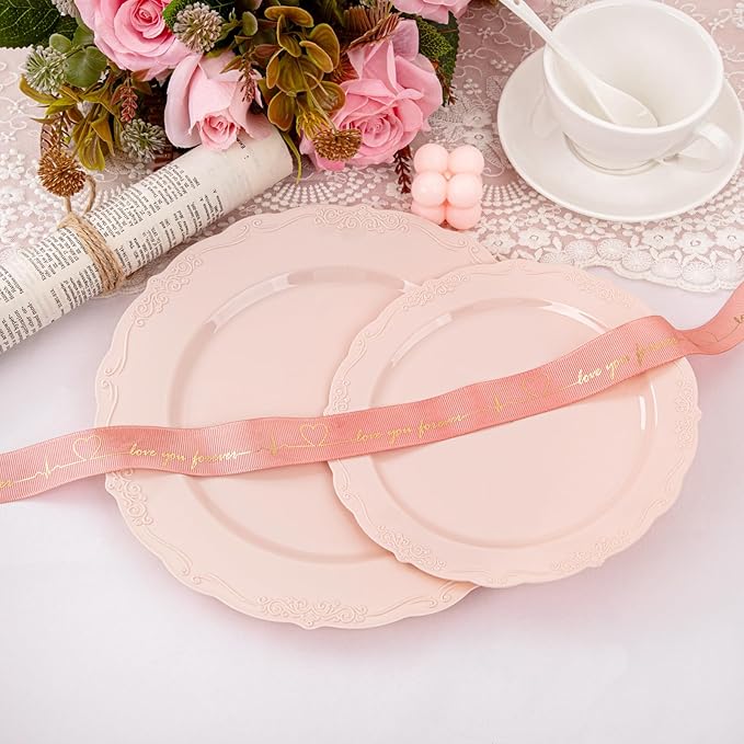 U-QE 100PCS Mauve Pink Plastic Plates for Party - Plastic Party Plates Disposable Heavy Duty - Pink Valentines Plates for Valentine's Day Including 50PCS 10.25'' Dinner Plates&50PCS 7.5'' Pink Plates