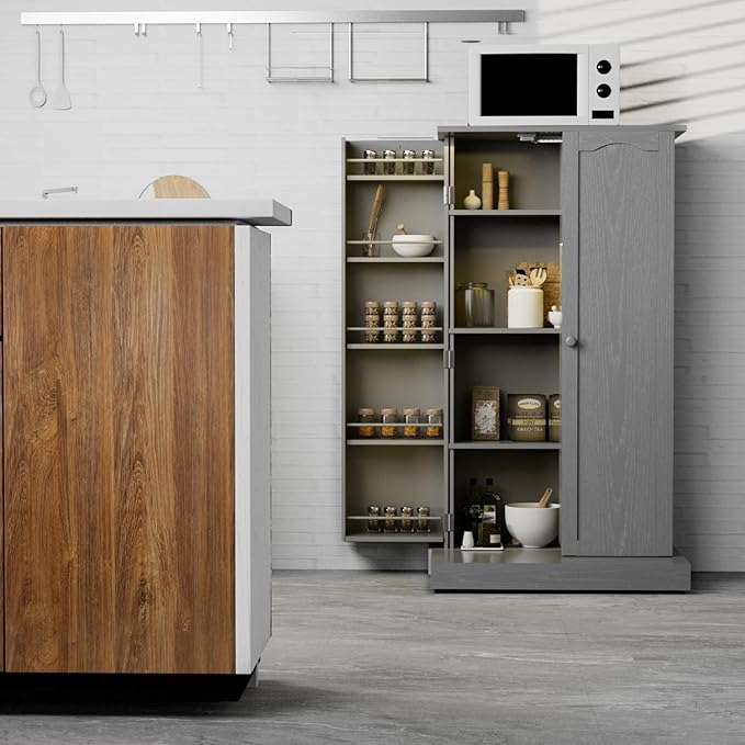 50" LED Kitchen Pantry Cabinet Grey Storage Cabinet Food Pantry with Doors and Adjustable Shelves Freestanding Buffet Cupboards Sideboard for Kitchen Living Room and Dinning Room