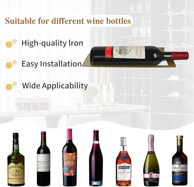Wine Rack Wall Mounted, Black Metal Iron Hanging Wine Bottle Holder, Wall Display Rack for Standard Wine Bottles, Rustic Wine Storage for Kitchen and Home D챕cor, Set of 6 (Gold)