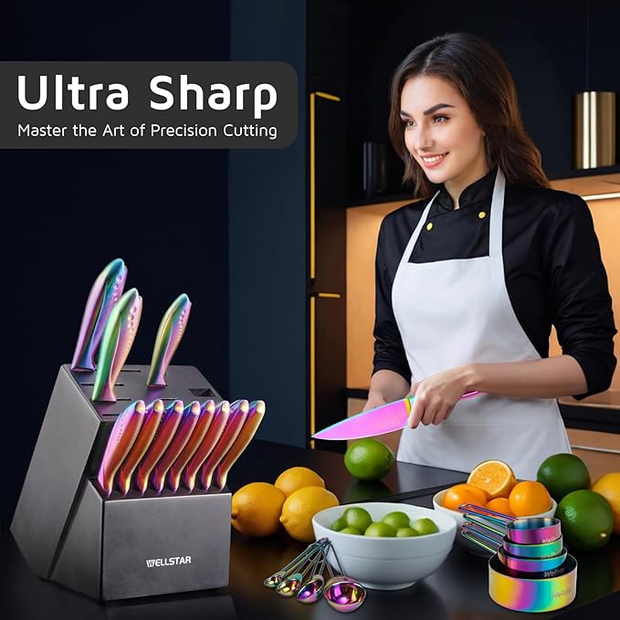 Rainbow Knife Block Set 27-Piece, Iridescent German Stainless Steel Kitchen Knives Set with Wooden Holder, Colorful Titanium Coating, Include Scissors and 2-Stage Built-in Sharpener and 8pcs Gadgets