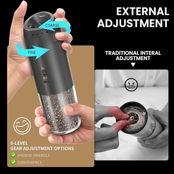 2 Pack Gravity Rechargeable Electric Salt and Pepper Grinder Set, Automatic Salt Pepper Shaker, LED Light One Hand Operation, Washable 176ML Container, Adjustable Coarseness, Black+White