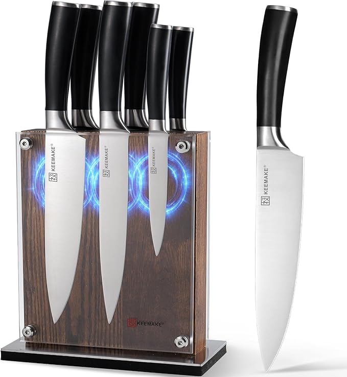 KEEMAKE Knife Block Set - 7Pcs Kitchen Knives with Magnetic Knife Block Holder, High Carbon Stainless Steel Chef Knife Set with Block, Ultra Sharp Knives Set for Kitchen With Ergonomic Handle