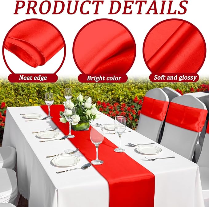 Bencailor 24 Pcs Bright Red Satin Table Runner Bulk 12 x 108 Inches Long Table Runners Bright Smooth Fabric Tablecloth for Wedding Banquet Birthday Valentines St Patrick's Day Party Decorations