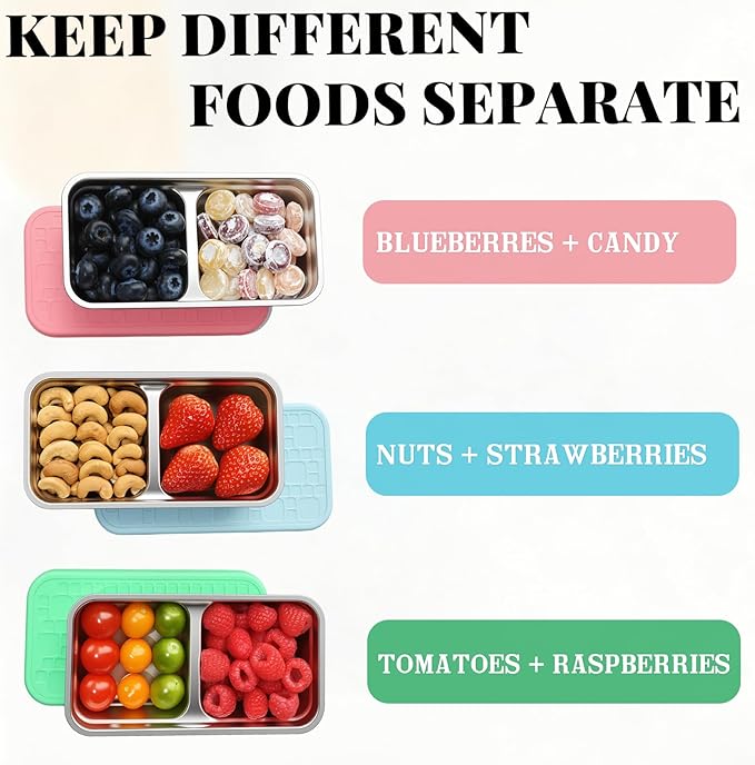 Korythar 3 Pack 15oz Stainless Steel Snack Containers for Kids, Reusable Metal Snack Containers with Silicone lids, Leak Proof 2 Compartment Stackable Metal Toddler Lunch Box for Daycare, School