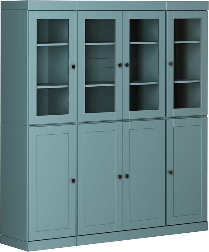 Palace Imports 100% Solid Wood Kitchen China Pantry Cabinet, 65" W - 4 Clear Glass & 4 Shaker Doors, Renewable Eco-Friendly Wood, Made in Brazil (Aqua, 8 China/Shaker Doors | NO Drawers)