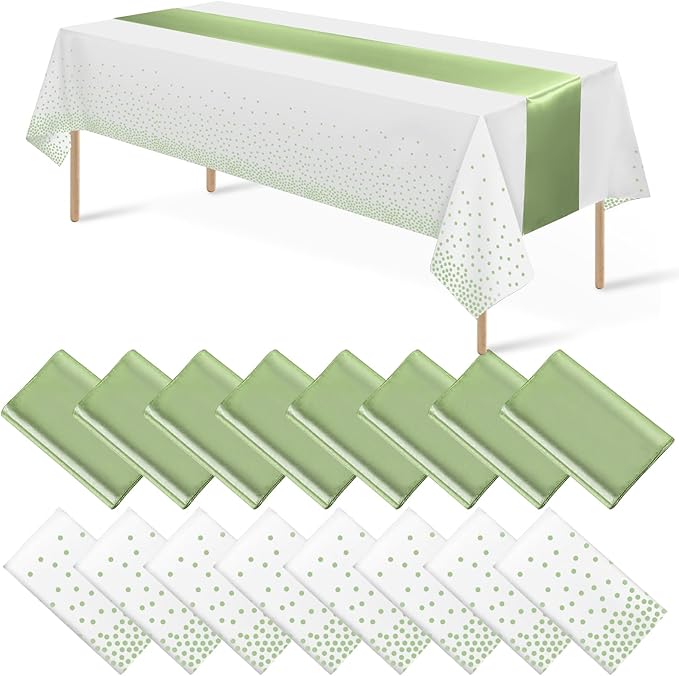 16Pack Plastic Tablecloths and Satin Table Runner Set Disposable White and Sage Green Dot Table Cloth Green Satin Table Runner for Wedding Birthday Baby Shower Anniversary Holiday Party Decorations